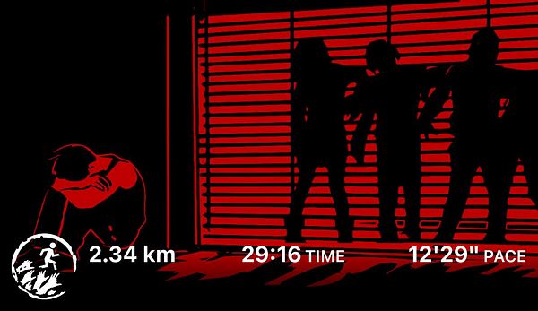 The image depicts a stylized representation of a person in distress alongside shadowy figures, with running statistics displayed prominently.
