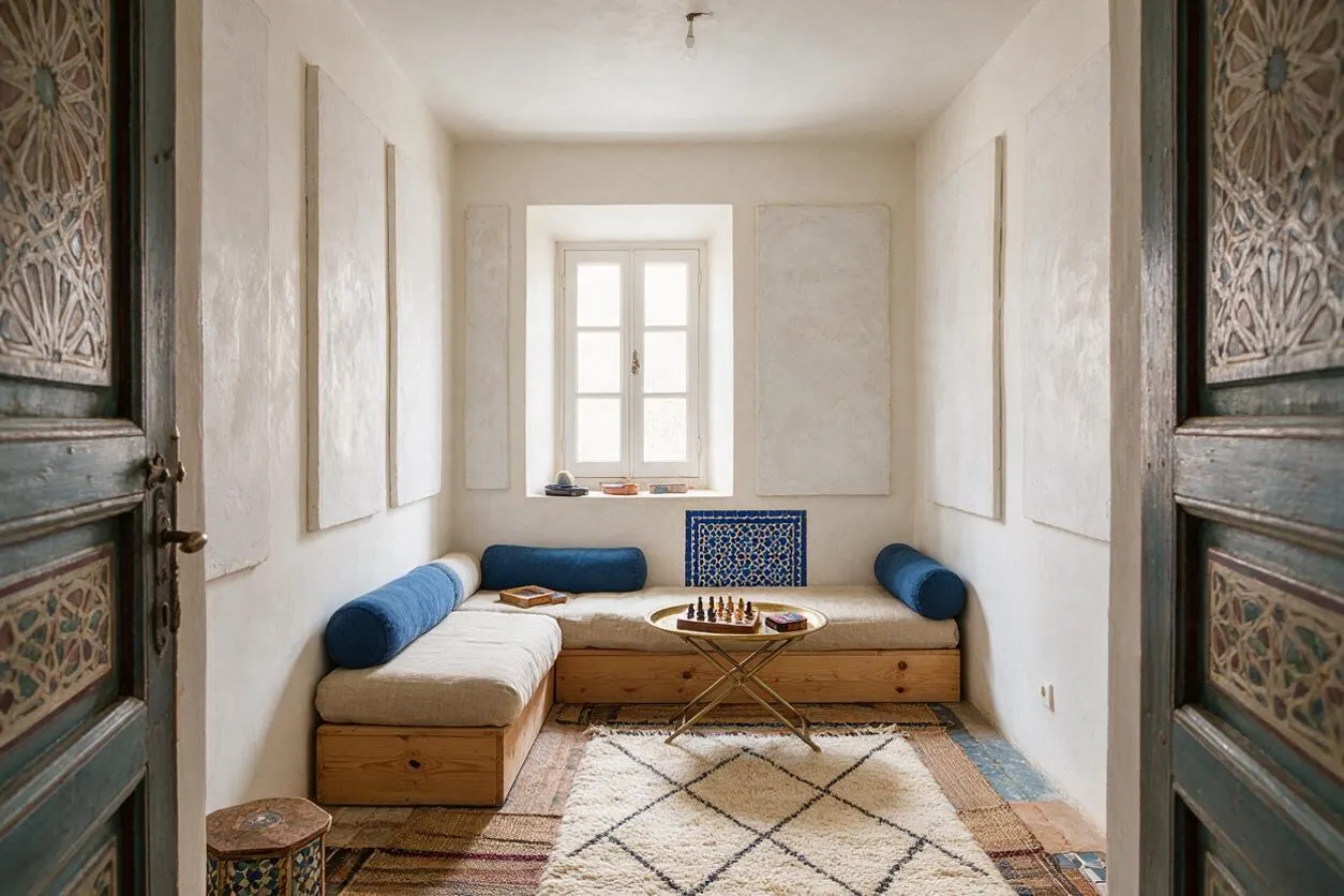A narrow Moroccan-style game room with white plaster walls, carved wooden doors, and a built-in low lounge around the perimeter. The seating has beige cushions with deep blue bolsters, centered around a small brass folding table holding a chessboard, with layered patterned rugs and a small window bringing in soft daylight.