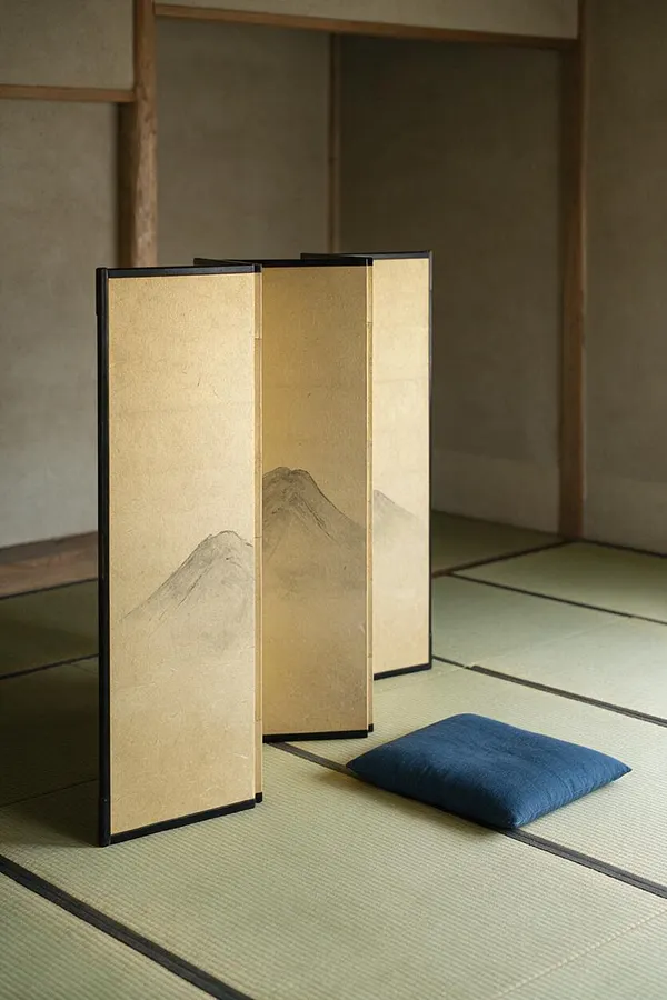 A Japanese Zen-style room with a three-panel folding screen standing on tatami mats. The screen has pale gold paper-like panels framed in dark wood or black trim, with subtle mountain motifs painted across the lower sections, and a small blue floor cushion placed beside it.