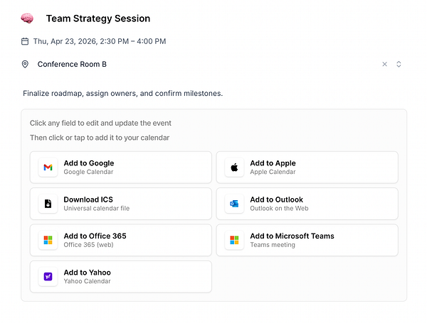 The image displays a user interface for adding a calendar event with multiple options for integration.