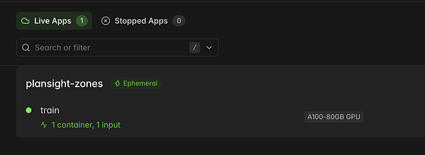 Interface showing one live app named 'plansight-zones' running a training container on an A100 GPU with 80GB memory.