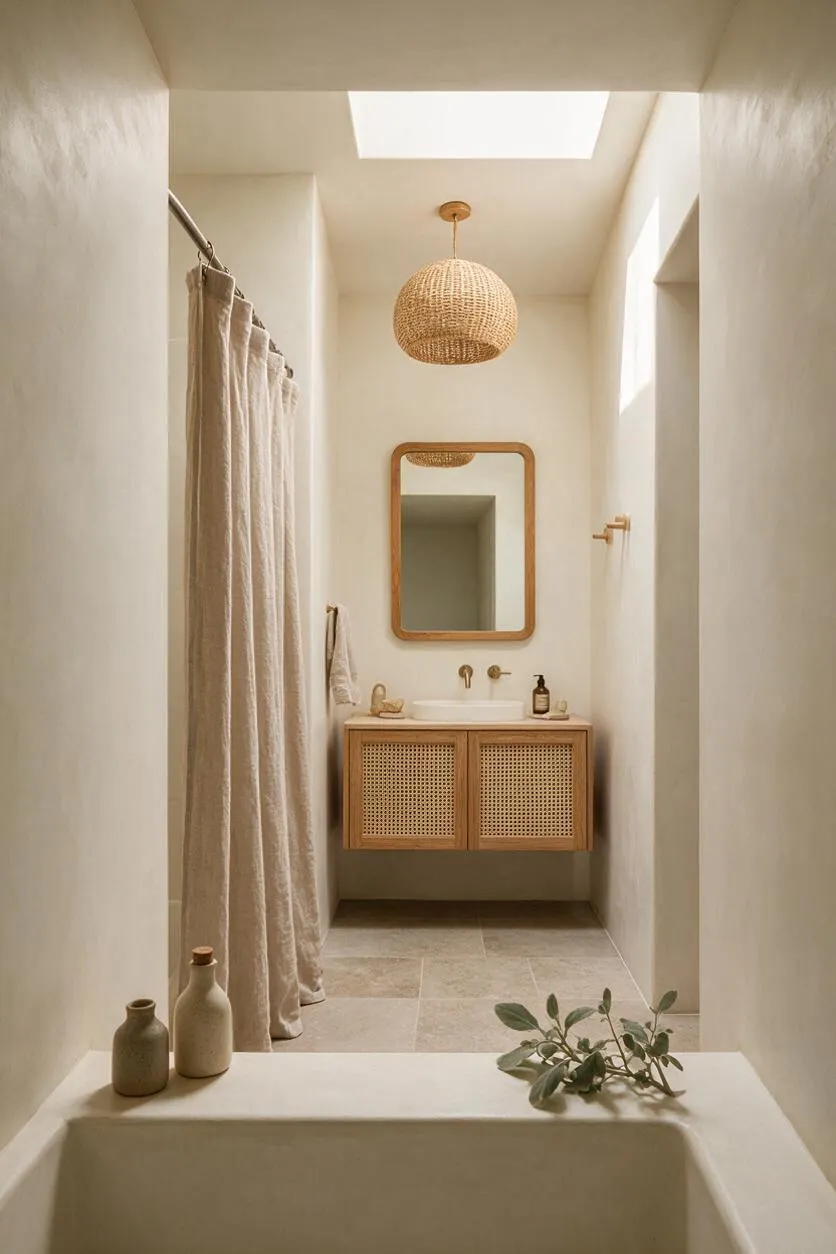 A narrow Organic Modern bathroom with creamy plaster walls, a woven rattan pendant light, and a floating wood vanity with cane-front doors beneath a rounded mirror. A linen shower curtain hangs on the left, light stone tile covers the floor, and a skylight brings soft natural light into the calm neutral space.