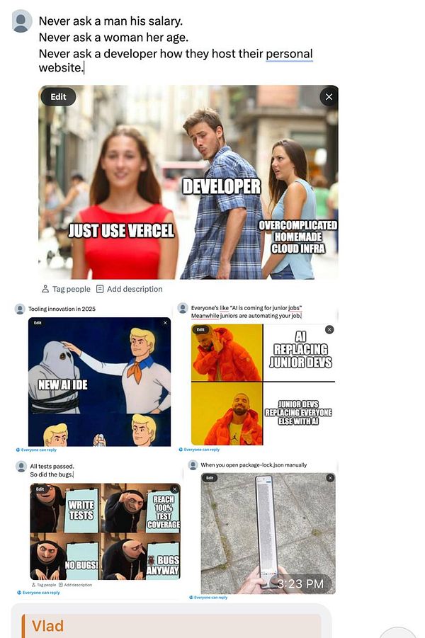 The image features a collection of memes related to developers and technology, accompanied by a humorous text post.