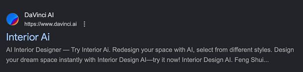 Screenshot of a Google search result listing for 'Interior Ai' by DaVinci AI with website link and description text.