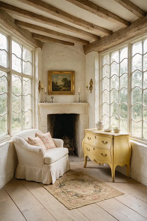 A bright French Country sunroom with large mullioned windows on both sides, exposed wood ceiling beams, and a stone fireplace centered on the back wall. A cream slipcovered armchair sits beside a yellow painted bombe chest, with a small floral rug on wide painted wood floors and soft decorative accents creating an airy, rustic elegance.