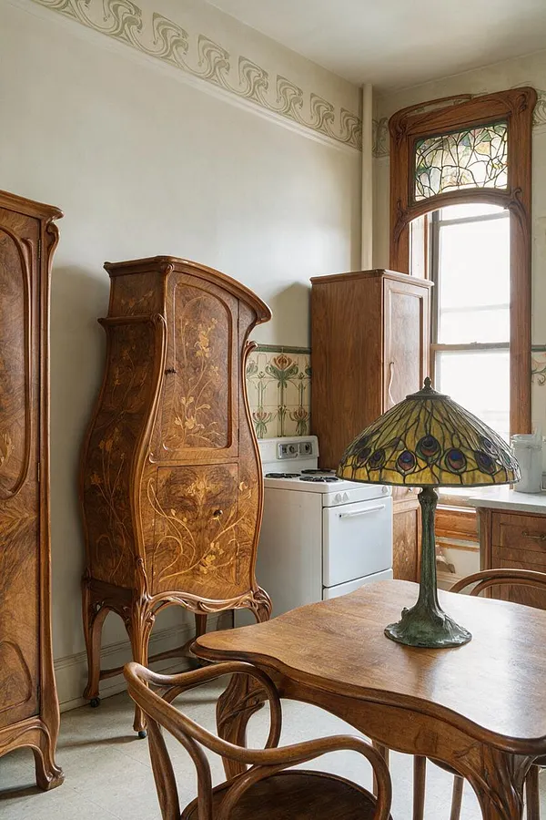 A bright Art Nouveau kitchen with a sculptural carved wood cabinet, a stained-glass-topped window frame, and a white vintage stove. A wooden dining table and chair sit in the foreground, topped by a Tiffany-style lamp with a green base and amber glass shade, while delicate floral tile borders and soft neutral walls complete the room.
