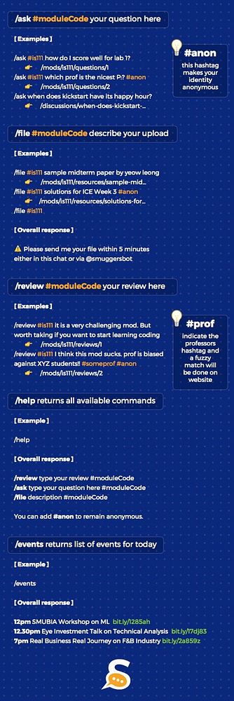 The image displays a series of Telegram bot commands related to a module code discussion for a group called #smuggersclub.