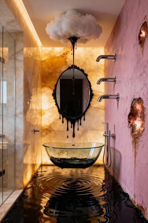 A narrow bathroom with a glowing backlit onyx wall features an oval mirror framed by black, drip-like edges beneath a ceiling cloud sculpture that releases glossy black liquid. A smoked-glass vessel sink hovers over a reflective black pool covering the floor, while a dusty pink plaster wall holds three chrome spouts, a handheld shower, and corroded copper openings, all lit by warm ambient lighting.