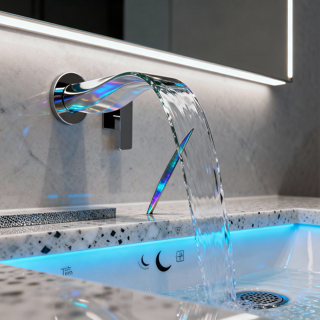 A close-up of a futuristic bathroom vanity shows a wall-mounted waterfall faucet with a twisted, iridescent glass spout and matching slender control, delivering a sheet of water into a glossy white basin. The sink is set in a speckled white terrazzo countertop, with cyan LED illumination along the inner rim, a circular perforated drain, and minimal black icons; a marble-look backsplash and a backlit mirror create a cool, refined atmosphere.