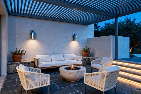 An outdoor patio at dusk features a dark gray slatted metal pergola over warm white stucco walls and charcoal stone pavers. A teak-framed sofa with white cushions faces three light rope-woven lounge chairs arranged around a round cast-concrete fire bowl. Galvanized wall sconces wash the wall with light, LED strips glow beneath the stair treads, and terracotta pots with succulents rest on a stone ledge with trees visible beyond.