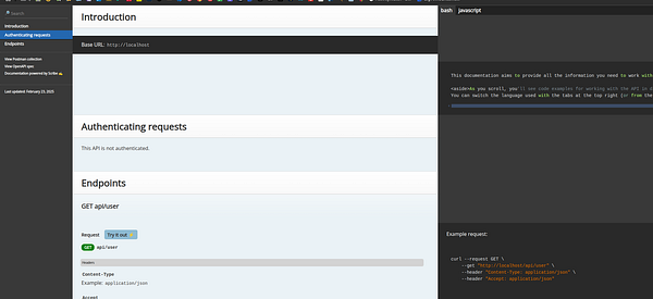 API documentation interface displaying authentication details and endpoint information.