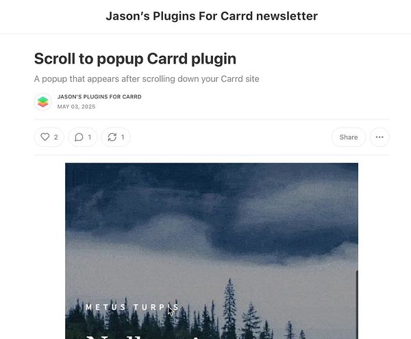 The image displays a newsletter post about a scroll-to-popup plugin for Carrd on Substack.