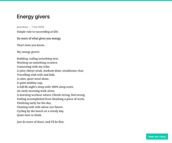 A list of personal energy givers is presented in a clean, organized format.