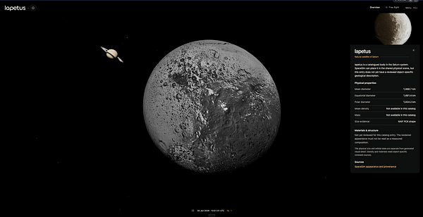 3D rendered image of Iapetus, Saturn's natural satellite, with detailed surface texture and informational overlay panel.