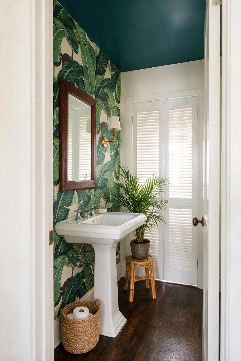 A narrow powder room features bold tropical leaf wallpaper, a teal ceiling, and a white pedestal sink beneath a wood-framed mirror. White louvered doors, dark wood flooring, woven baskets, brass accents, and a potted palm add warmth and a resort-like feel.