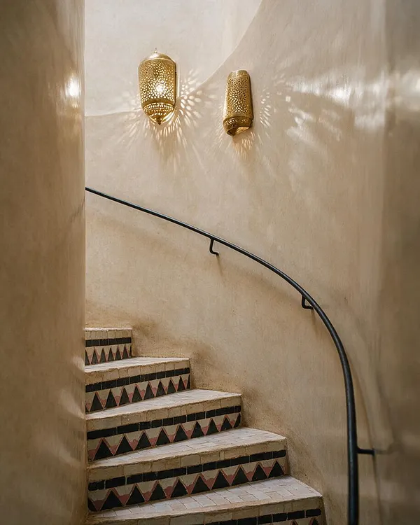 A narrow Moroccan-style staircase with smooth beige plaster walls, a curved black metal handrail, and patterned tile risers featuring geometric triangle motifs in black, cream, and muted red. Two perforated brass wall lanterns cast decorative light and shadow across the stairwell, creating a warm, intimate atmosphere.