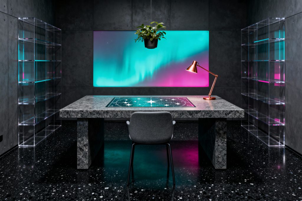 Symmetrical home office featuring a thick gray granite desk set before a large backlit panel that glows teal and magenta like an aurora. A gray upholstered chair faces a star-chart desk mat, with a copper task lamp on the right, a hanging plant above, clear acrylic shelving on both sides, dark concrete wall panels, and a black terrazzo floor reflecting the colored light.