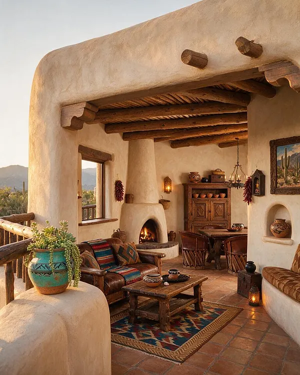 A warm Southwestern-style outdoor room with rounded adobe walls, exposed wooden ceiling beams, a built-in fireplace, rustic wood furniture, colorful woven textiles, terracotta tile flooring, and ceramic pottery accents. Desert views are visible through the open sides, creating a cozy, sunlit retreat.