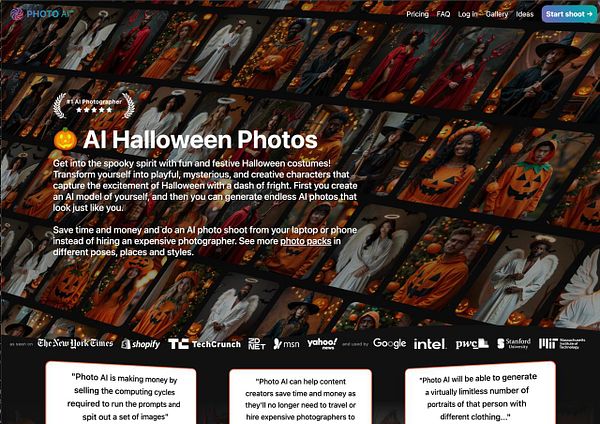 The image promotes AI-generated Halloween photos featuring various characters and costumes.