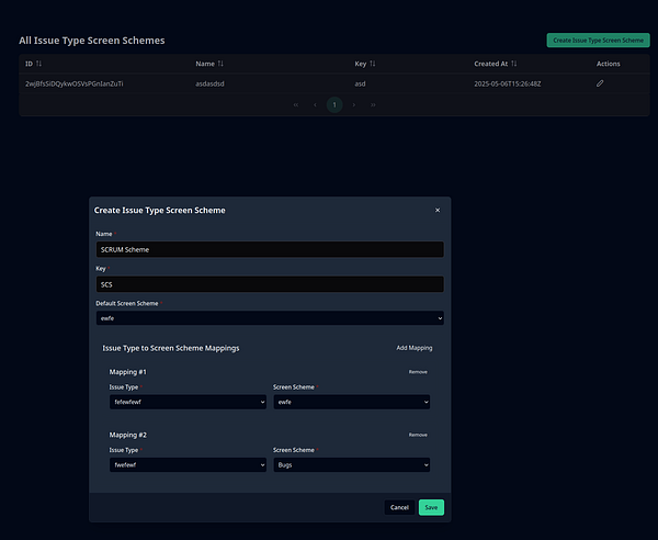 The image displays a user interface for managing issue type screen schemes in a project management tool.