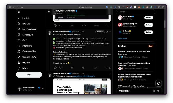 A Twitter interface displaying a user's post about automation progress in a project called TweetGit.
