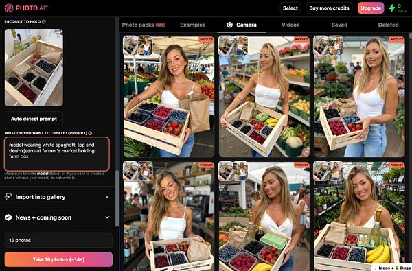 A user interface for a photo generation tool featuring a model at a farmer's market.