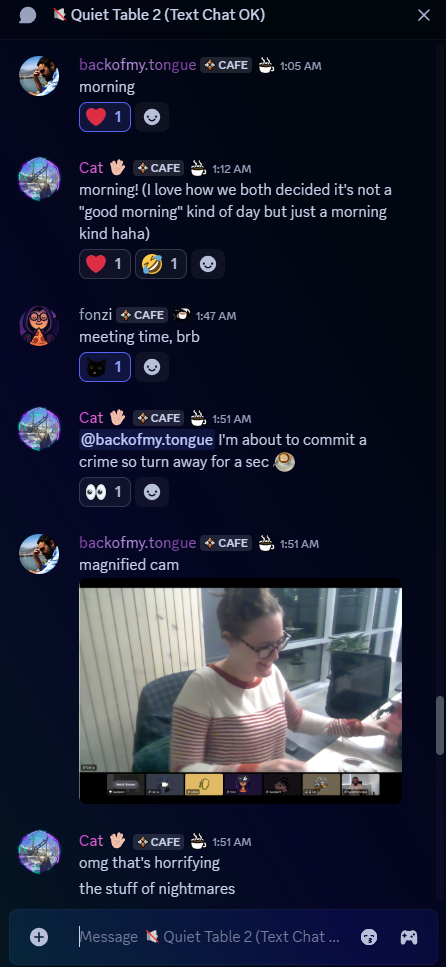 A virtual chat interface displays a conversation among friends, with a focus on a humorous and slightly unsettling coffee-related image shared by one participant.