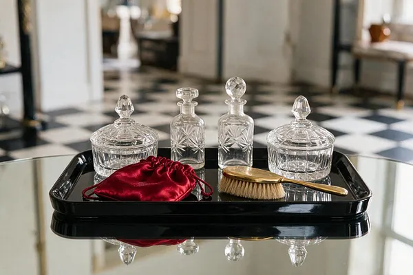 A glossy black tray sits on a mirrored tabletop, holding four faceted crystal glass containers, a red satin drawstring pouch, and a gold-handled hairbrush. The background shows a black-and-white checkerboard floor and bright, elegant interior details, creating a polished Hollywood Regency look.
