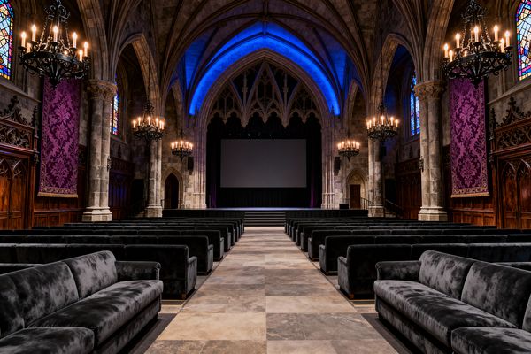 A cathedral-inspired media room with rib-vaulted stone ceilings, pointed arches, and stained-glass windows faces a large projection screen. Rows of charcoal velvet sofas flank a central stone-tile aisle, while carved dark wood paneling, purple damask wall banners, and wrought-iron chandeliers with candle-style bulbs glow under blue accent lighting, creating a dramatic Gothic atmosphere designed for comfortable viewing.