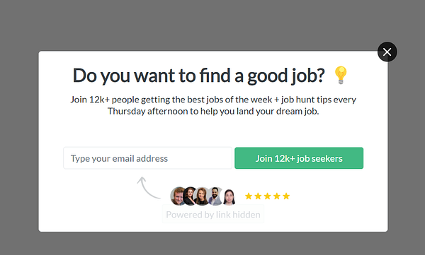 A newsletter signup popup inviting users to join a job-seeking community.