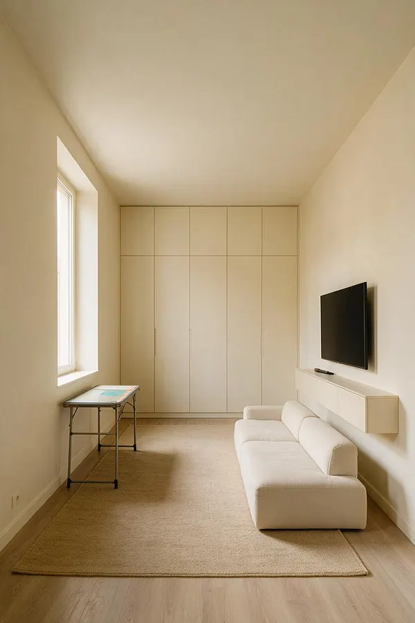 A narrow minimalist game room with cream walls, a tall window on the left, and built-in storage across the back wall. A low white sofa sits along the right side beneath a wall-mounted TV, while a small folding table stands near the window and a beige area rug softens the light wood floor.