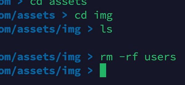 A terminal interface displaying commands to navigate and delete a user profile photos folder.