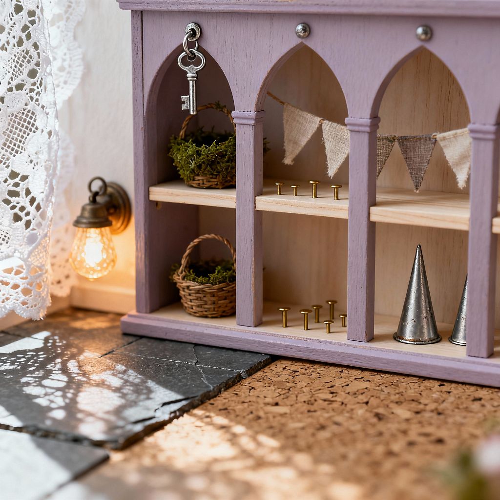 Close-up of a children’s shelf styled with Gothic pointed arches, painted lavender with light pine interiors. The shelves hold small wicker baskets filled with moss, rows of brass pegs, and metal cone towers; a linen bunting hangs at the back, a silver key dangles from a screw, and an antique brass wall sconce glows beside a white crochet lace curtain over slate and cork flooring.