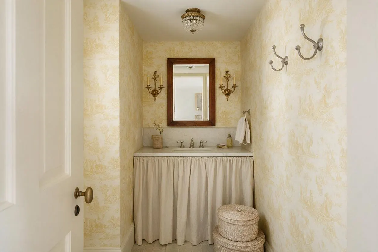 A narrow powder room styled in French Country fashion with pale yellow toile-like wallpaper, a dark wood framed mirror, and antique brass wall sconces. A small vanity with a cream skirted curtain, brass faucet, and woven baskets creates a soft, charming, old-world look.