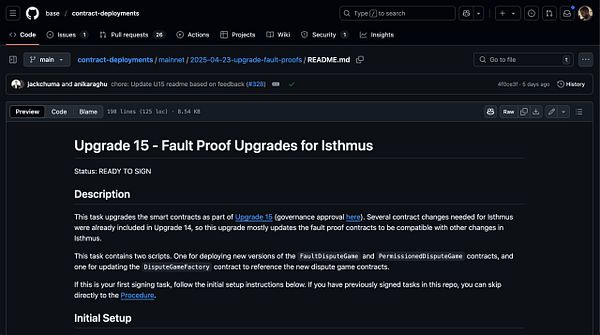 The image displays a GitHub repository page detailing an upgrade task for smart contracts related to the Isthmus project.