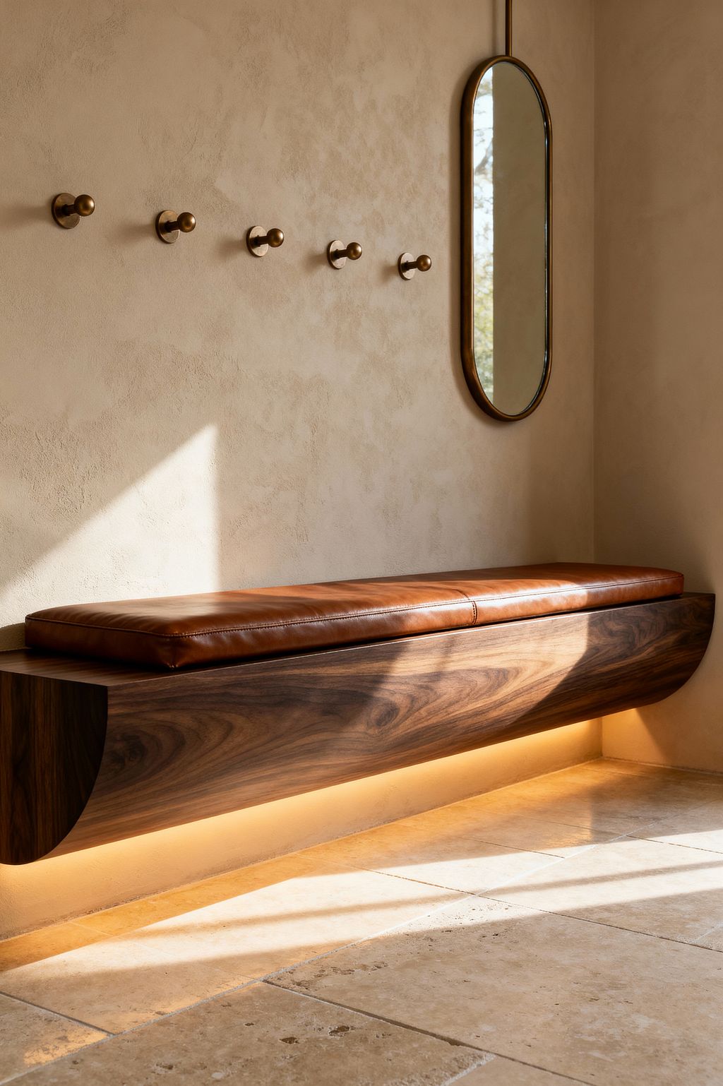 A sunlit contemporary mudroom features a wall-mounted walnut bench with a curved front and a cognac leather cushion, underlit by a warm LED strip. Five small brass peg hooks line a textured plaster wall beside a slim, pill-shaped mirror with a bronze frame. Pale travertine floor tiles and a warm neutral palette of wood, leather, and metal create a minimalist, welcoming entry space with soft natural light and gentle shadows.