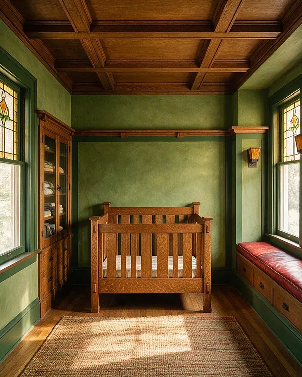 A Craftsman-style nursery with a wooden crib centered against green walls, a coffered wood ceiling, and matching built-in cabinetry and window seat. Stained glass windows and a woven rug add period character and warmth.