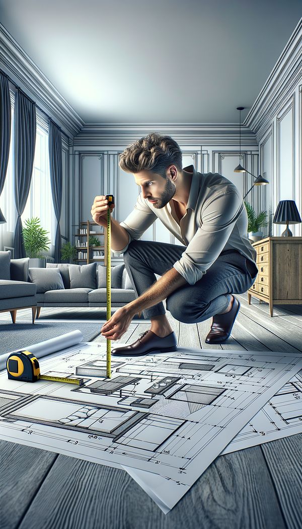 An interior designer measuring a living room space with a tape measure, while considering different sizes of furniture pieces on a floor plan.