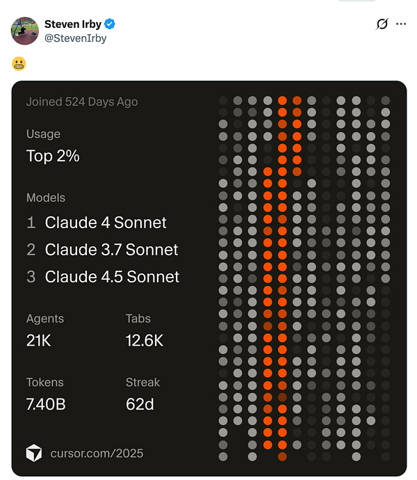 The image displays a usage statistics dashboard for a user of the Cursor platform.