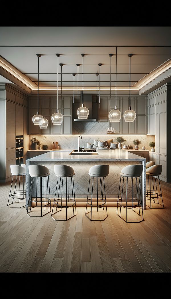 a spacious kitchen featuring a large, marble-topped kitchen island at the center, with modern bar stools around it and pendant lights hanging above