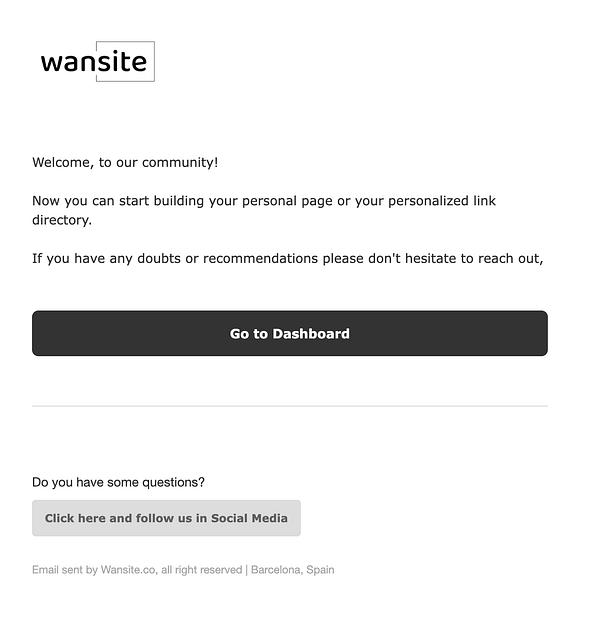 The image displays a welcome email from Wansite, featuring a logo and a call-to-action button.