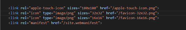 The image displays HTML link elements for adding favicons to a website.