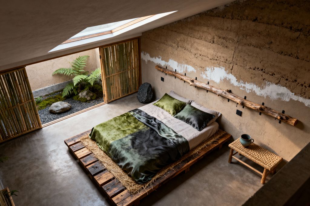 A serene Wabi-Sabi bedroom features a low bed on a reclaimed wood pallet platform layered with straw, dressed in linen sheets and green-to-charcoal satin bedding. Rough earthen plaster walls, a branch peg rail, a woven bench with a ceramic cup, polished concrete flooring, bamboo screens, and a skylit opening to a small gravel-and-moss courtyard with ferns and rocks complete the calm, natural setting.