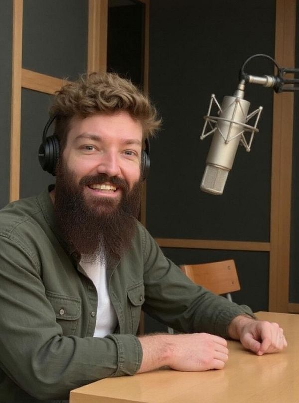 A man with a beard and headphones is smiling at a desk with a microphone in a studio setting.