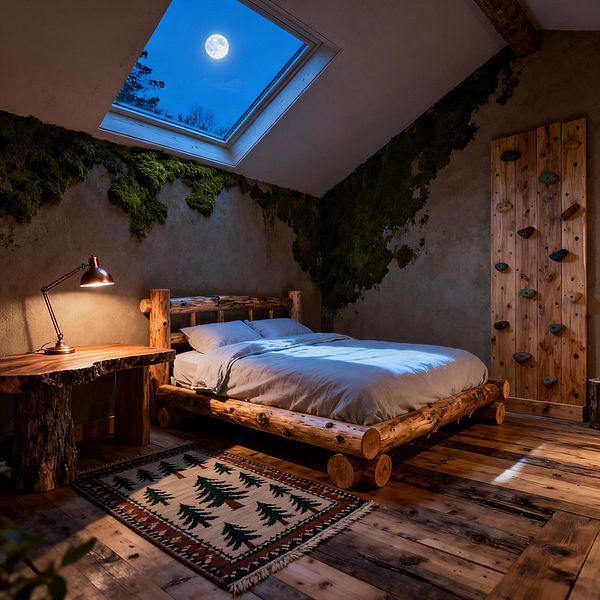 A rustic kids’ bedroom with a pitched ceiling features a log-frame bed with gray bedding beneath a large skylight showing the moon. Textured plaster walls are accented with swaths of green moss, and a vertical pine climbing wall with holds stands to the right. A live-edge wood desk with a copper task lamp sits beside a woven rug with tree motifs on reclaimed wood plank flooring, where warm lamplight contrasts with cool moonlight.