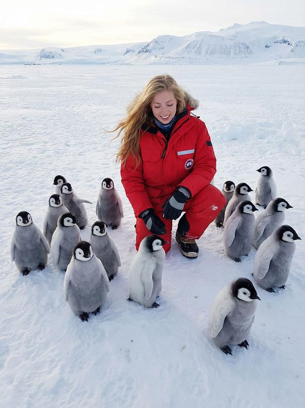 A woman in a red jacket interacts with a group of young penguins on a snowy landscape.
