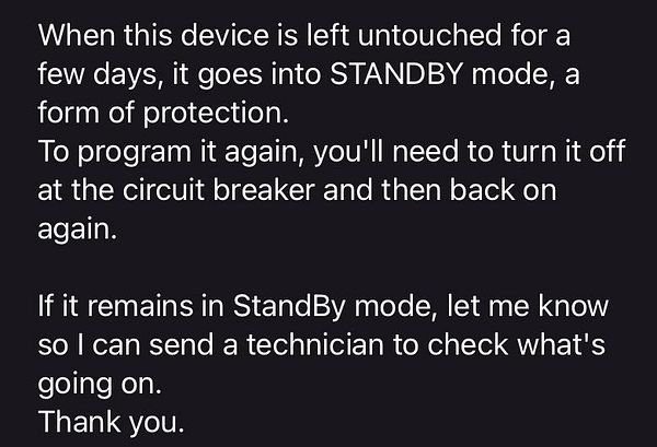 The image contains a message explaining the standby mode of a pool management device.