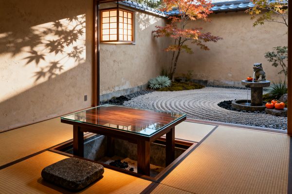 A Japanese-inspired home office features a low glass-topped wooden desk set into a sunken legwell on tatami mats, with a dark gray floor cushion nearby. A wood-and-washi shoji lantern casts warm light and maple leaf shadows on earthen clay-plaster walls. The open threshold faces a raked gravel Zen garden with concentric patterns, moss, black stones, a stone basin fountain topped by a small guardian figure, bright persimmons, and a Japanese maple in autumn color.