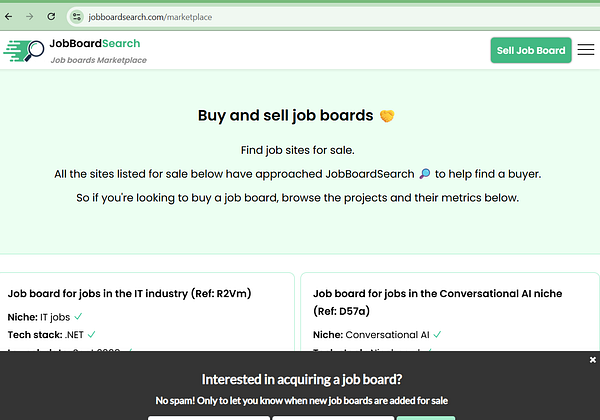The image displays a webpage from JobBoardSearch showcasing job boards available for sale.