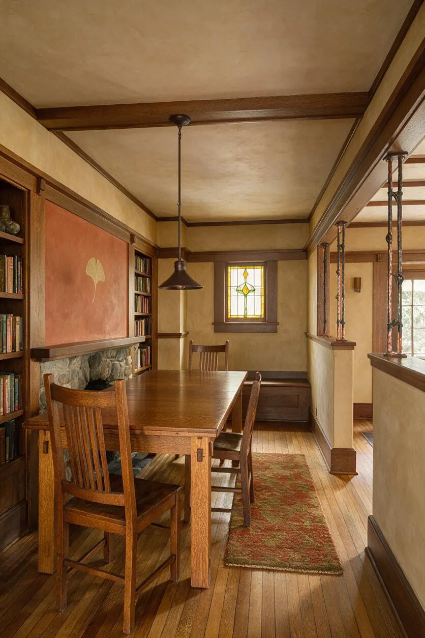 A narrow Craftsman-style dining room with a rectangular wooden table and matching slat-back chairs on a hardwood floor. Built-in bookshelves, a stone fireplace, exposed wood trim, a stained-glass window, and a hanging pendant light create a warm, handcrafted atmosphere.